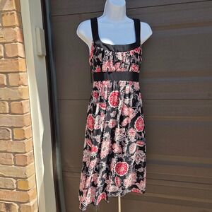 B. Smart Y2K Babydoll Dress Red Black Floral Paisley Empire Waist Midi Sz 11/12